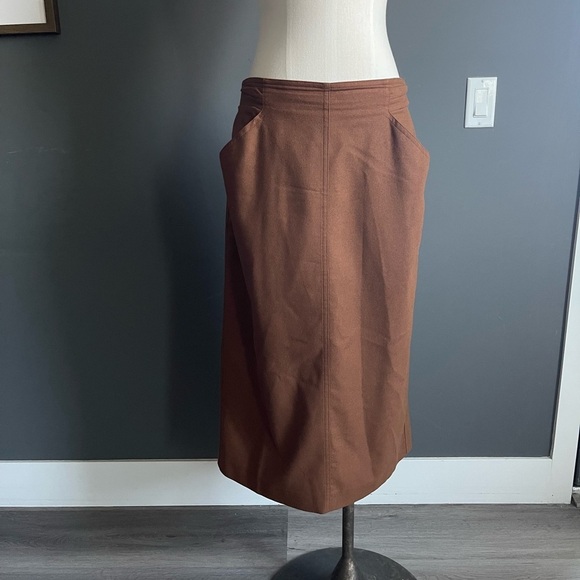 Vintage Escada Chocolate Brown Wool Midi SkirtPocketsEU 42